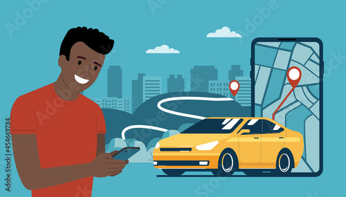 Fototapeta Naklejka Na Ścianę i Meble -  Young afro man uses a car rental or taxi service on her smartphone. Vector illustration.