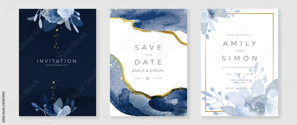 Blue and navy indigo floral and gold watercolor wedding invitation vector set. Luxury background and template layout design for invite card, luxury invitation card and cover template. - obrazy, fototapety, plakaty 