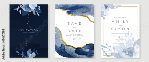 Blue and navy indigo floral and gold watercolor wedding invitation vector set. Luxury background and template layout design for invite card, luxury invitation card and cover template. photo