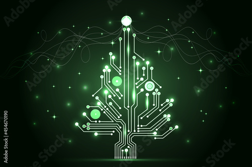Christmas tree from digital electronic circuit. Abstract green lighting motherboard microchip. Vector illustration
