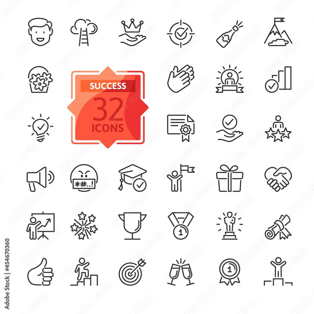 Web Set of Success, Goals and Target Related Vector Thin Line Icons. Contains such Icons as Achievment, Handshake, Victory and more. Outline icons collection. Simple vector illustration.