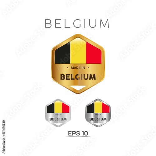 Made in Belgium Label, Stamp, Badge, or Logo. With The National Flag of Belgium. On platinum, gold, and silver colors. Premium and Luxury Emblem