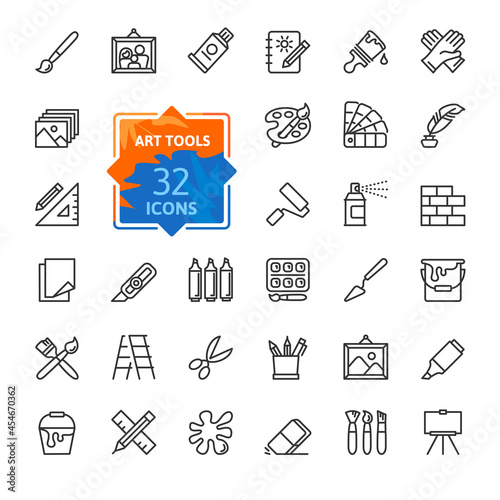 Paint art tools, design - thin line web icon set. Contains such Icons as Spray, Color palette, Paint Bucket and more. Outline icons collection. Simple vector illustration.