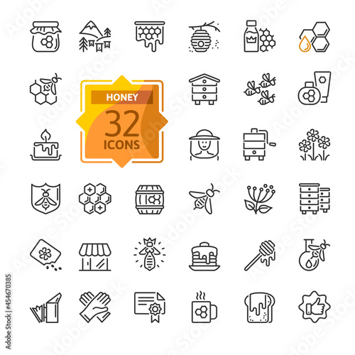 Honey, Apiary, Beekeeping - thin line web icon set. Contains such Icons as Beekeeper, Beehives, Propolis, Bee Farm and more. Outline icons collection. Simple vector illustration.