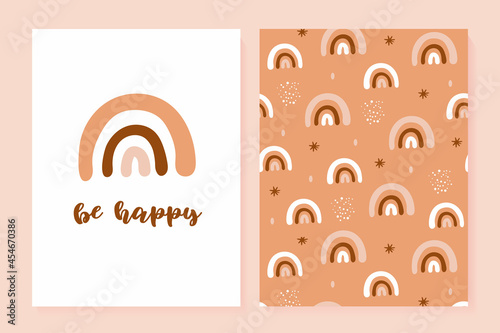 Illustration and seamless pattern with cute rainbow. Baby shower set