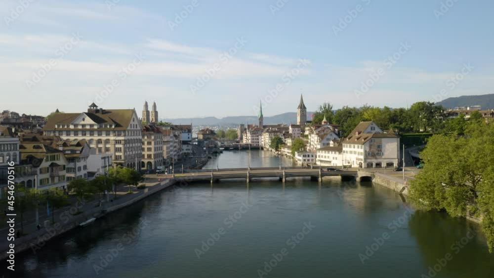 Low Aerial Flight Above Limmat River in Zurich, Switzerland on Summer Morning Low Aerial Flight Above Limmat River in Zurich, Switzerland on Summer Morning
