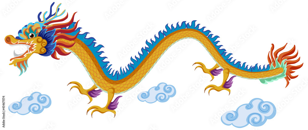 Fototapeta premium Chinese dragon flying over clouds isolated on white background