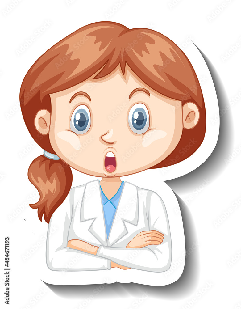 Portrait of a girl in science gown cartoon character sticker Portrait of a girl in science gown cartoon character sticker