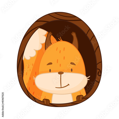 Funny Orange Squirrel Character with Bushy Tail Peeped Out from Tree Hollow Vector Illustration