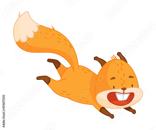 Funny Orange Squirrel Character with Bushy Tail Jumping and Smiling Vector Illustration © Happypictures