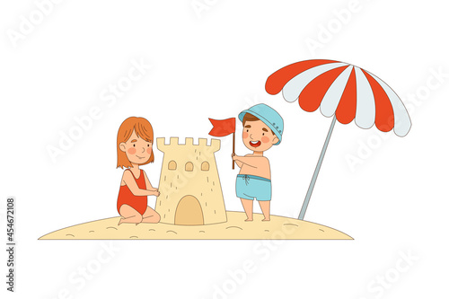 Smiling Little Boy and Girl Enjoying Summer Building Sand Castle on Beach Vector Illustration