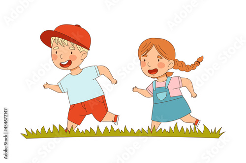 Smiling Little Boy and Girl Enjoying Summer Running on Grass Playing Catch up Game Vector Illustration