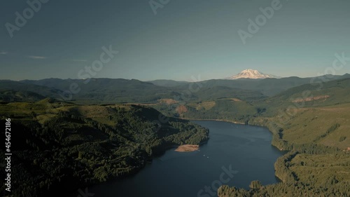 Mount Saint Helens, Washington circa-2019. Aerial view of Mount Saint Helens and Spirit Lake. Shot from helicopter with Cineflex gimbal and RED 8K camera. High quality 4k footage photo