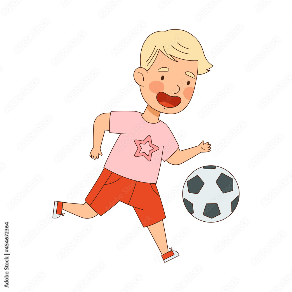 Smiling Little Boy Enjoying Summer Playing Football Vector Illustration