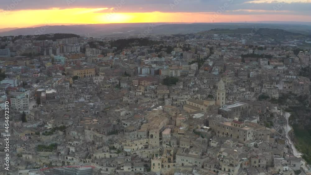 Aerial view of Matera at sunset. The city of stones in Basilicata Aerial view of Matera at sunset. The city of stones in Basilicata
