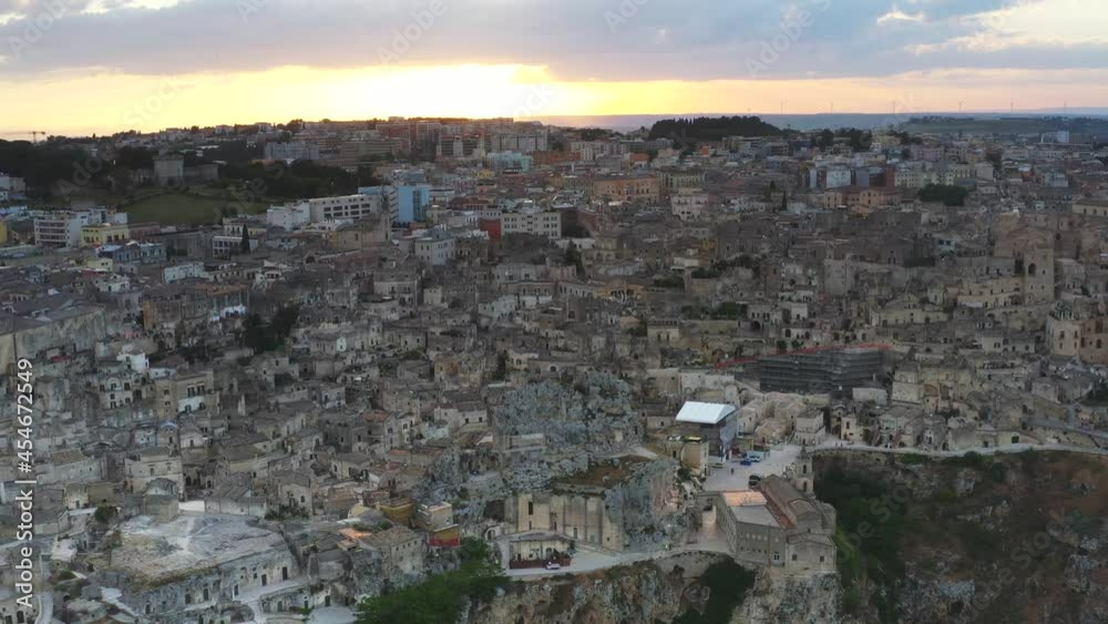 Aerial view of Matera at sunset. The city of stones in Basilicata Aerial view of Matera at sunset. The city of stones in Basilicata
