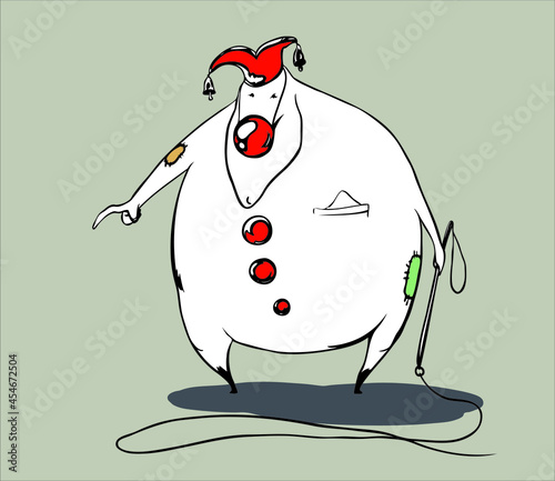 The clown with a whip, in a cap and with a red nose orders to someone to make a trick.