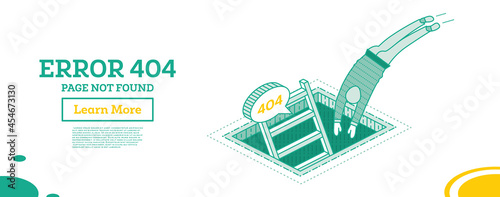404 Error Web Page Concept. Isometric Stairs in Pit Isolated on White. Ladder in Hole. Man Jump into the Hole.