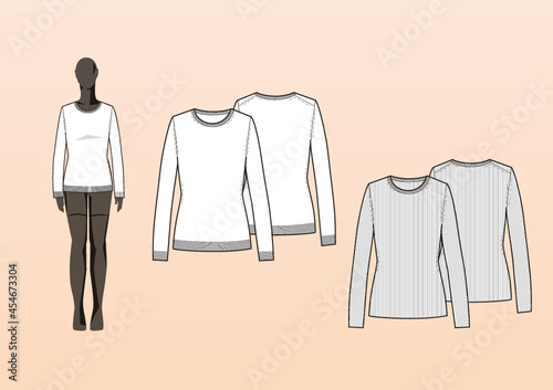 KNIT SWEATER, FITTED, CREW NECK. Fashion design technical flat sketch template for product instructions. Easy to edit, front and back view.