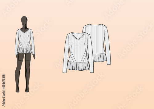 KNIT SWEATER, FITTED, FRILL HEM. Fashion design technical flat sketch template for product instructions. Easy to edit, front and back view.