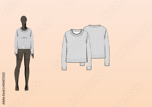 KNIT SWEATER, STRAIGHT FIT, CREWNECK, CABLE KNIT. Fashion design technical flat sketch template for product instructions. Easy to edit, front and back view.