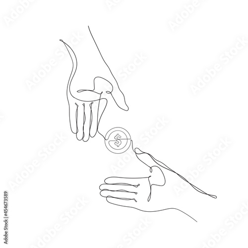 hand drawn doodle hand giving and receiving coin illustration vector