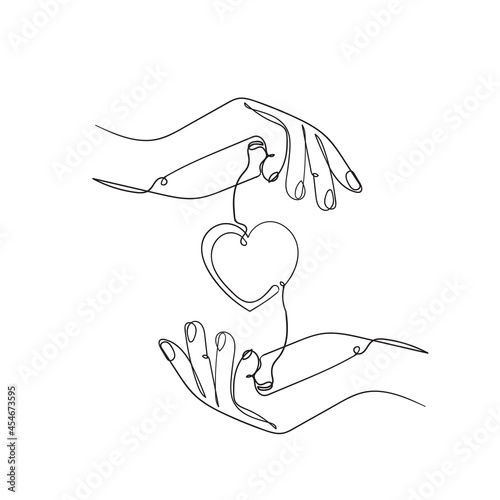hand drawn doodle hand giving and receiving love illustration in continuous line art style