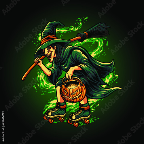 witch riding roller skates illustration