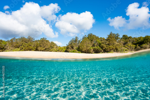  Selective focus  Split-shot  over-under shot. Half underwater half sky with turquoise sea and a white sand beach with green vegetation. Liscia Ruja  Sardinia  Italy.