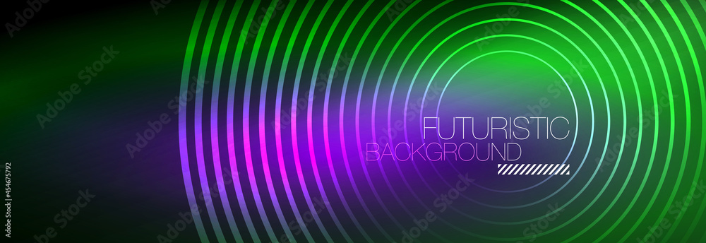 Dark abstract background with glowing neon circles. Trendy layout template for business or technology presentation, internet poster or web brochure cover, wallpaper Dark abstract background with glowing neon circles. Trendy layout template for business or technology presentation, internet poster or web brochure cover, wallpaper
