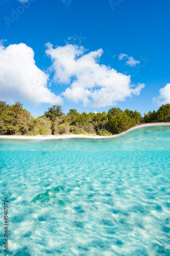 (Selective focus) Split-shot, over-under shot. Half underwater half sky with turquoise sea and a white sand beach with green vegetation. Liscia Ruja, Sardinia, Italy. © Travel Wild
