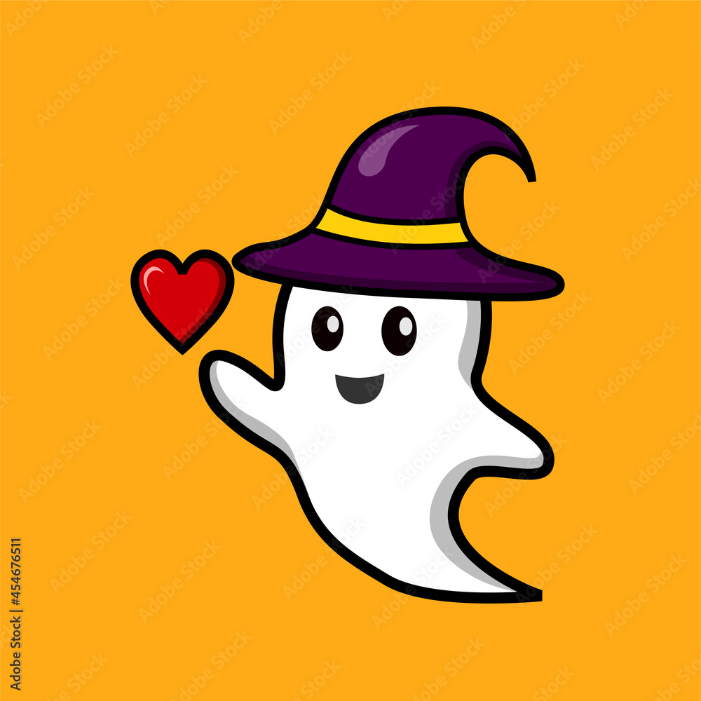vector cartoon cute ghost with heart. orange background cute ghost icon for halloween. vector cartoon cute ghost with heart. orange background cute ghost icon for halloween.