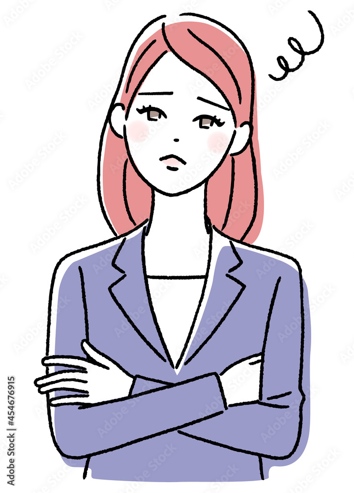 腕組みして困り顔の若い女性