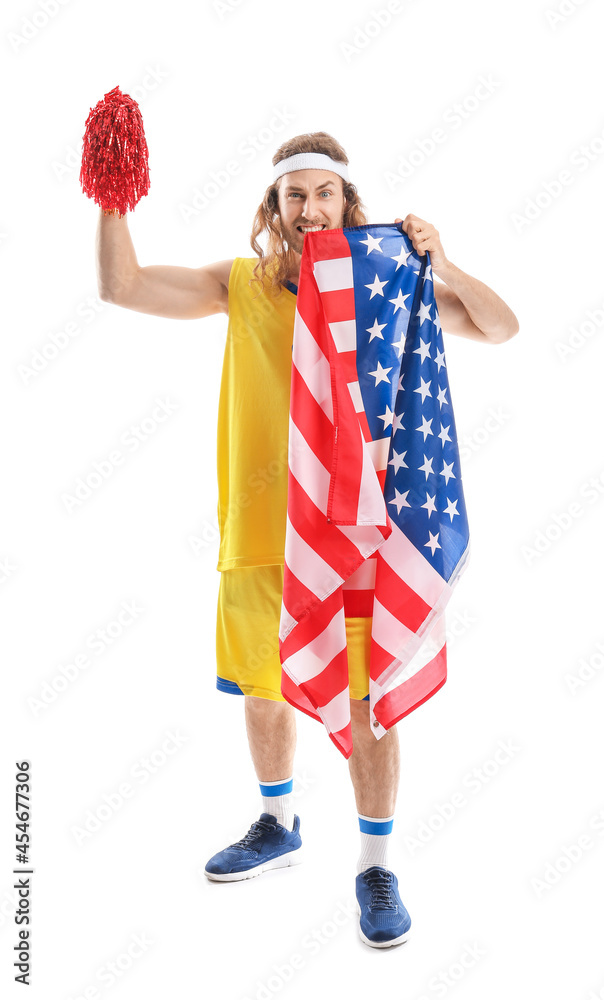 Male cheerleader with USA flag on white background