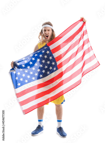 Male cheerleader with USA flag on white background