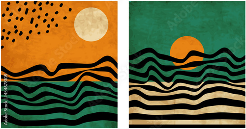 Mid century minimalist wavy retro art with abstract landscapes, sea, sun and moon. Vintage posters, illustrations with lines and shapes for wall art, posters, cards, brochure design.
