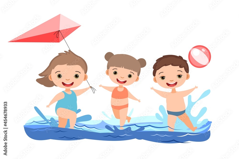 Children fun and splashing in water. Swimming, diving and water sports. Pool or beach. Isolated on white background. Illustration in cartoon style. Flat design. Vector art