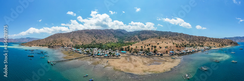 Aerial view of fishing village in Komodo National Part, East Nusa Tenggara, Flores, Indonesia.