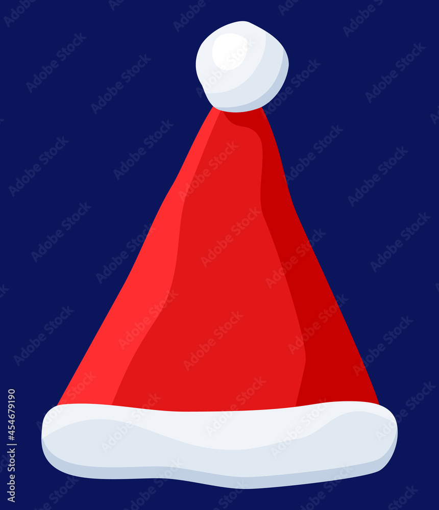Red Santa Claus Hat Isolated on Blue Background. Hat with Fur and Pompon. Happy New Year Decoration. Merry Christmas Clothes Holiday. New Year and Xmas Celebration. Vector Illustration in Flat Style Red Santa Claus Hat Isolated on Blue Background. Hat with Fur and Pompon. Happy New Year Decoration. Merry Christmas Clothes Holiday. New Year and Xmas Celebration. Vector Illustration in Flat Style