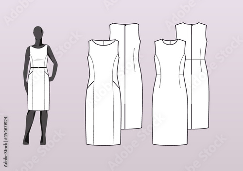 FITTED DRESS, OFFICE LOOK. Fashion design technical flat sketch template for product instructions. Easy to edit, front and back view.