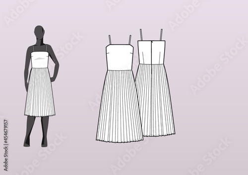 SKIRT, PLEATED HEM, STRAPS. Fashion design technical flat sketch template for product instructions. Easy to edit, front and back view.