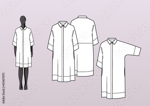 SHIRT DRESS, BOXY FIT. Fashion design technical flat sketch template for product instructions. Easy to edit, front and back view.
