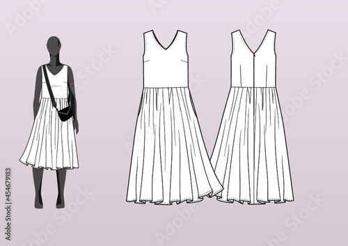 SUMMER DRESS, BELL HEM WITH SHIRRING. Fashion design technical flat sketch template for product instructions. Easy to edit, front and back view.