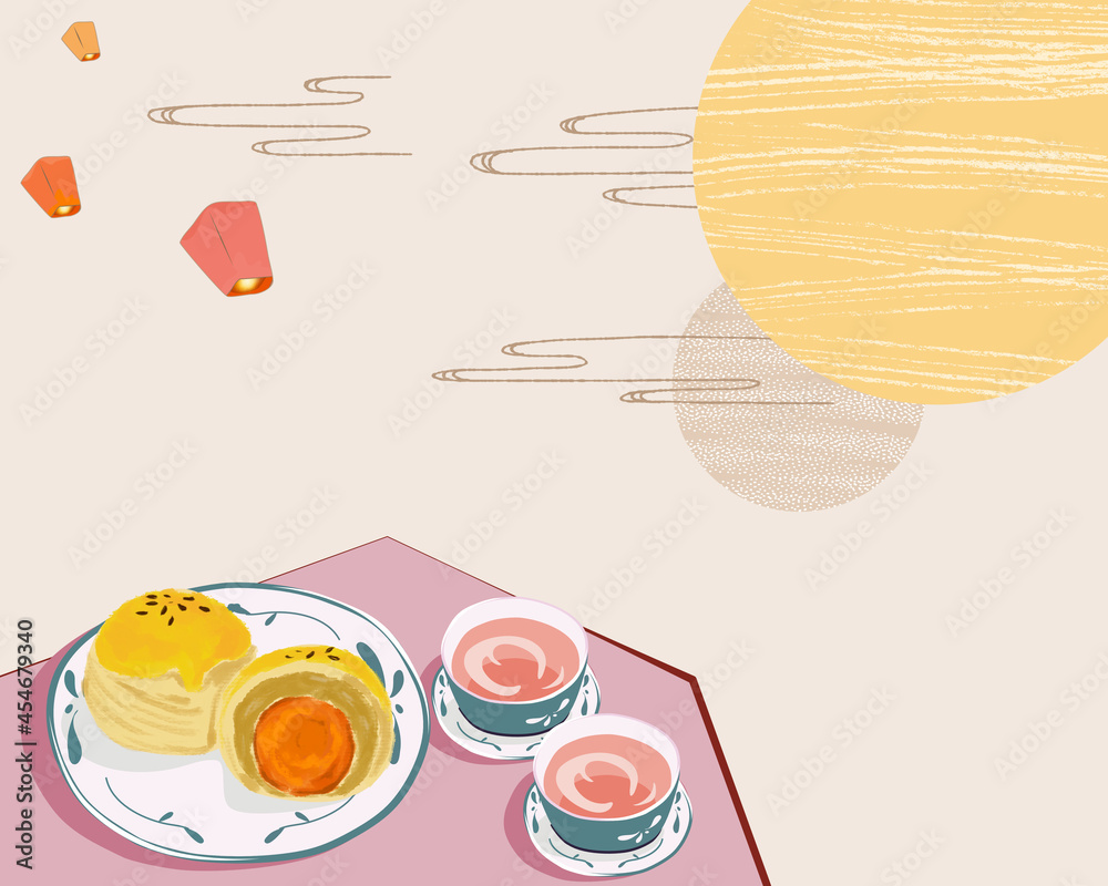 A set of Shanghai mooncake and two cup of hot rose tea on the table under the moonlight with lantern and simple cloud. Mid-Autumn Festival. Vector illustration.  