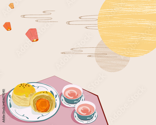 A set of Shanghai mooncake and two cup of hot rose tea on the table under the moonlight with lantern and simple cloud. Mid-Autumn Festival. Vector illustration.  