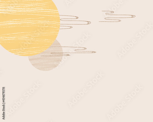 The yellow full moon with simple clouds on light brown earth tone background. Asian style full moon background cerebration. Vector illustration. 