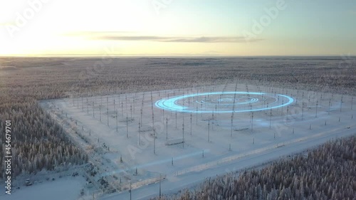 Field of Antenna Arrays receiving transmission from space, winter sunset - 3d animation photo