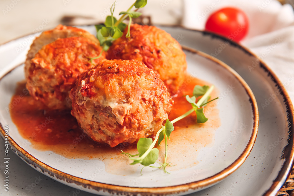 Plate with delicious meatballs on table, closeup Plate with delicious meatballs on table, closeup
