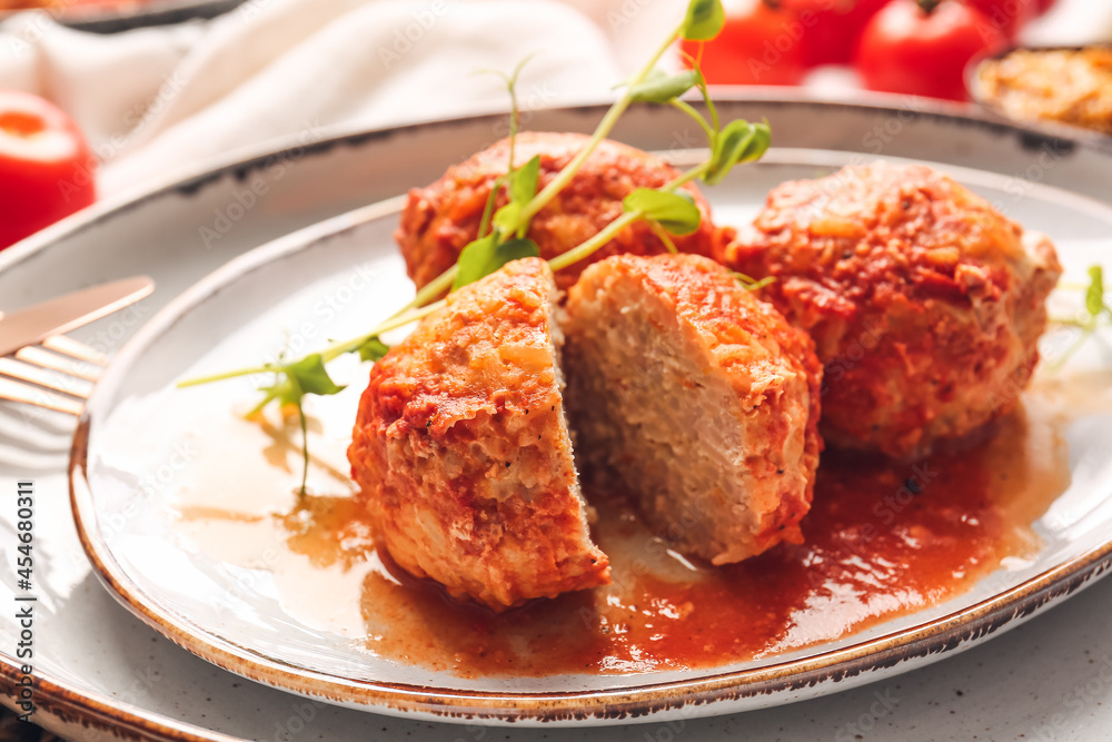 Plate with delicious meatballs on table, closeup Plate with delicious meatballs on table, closeup