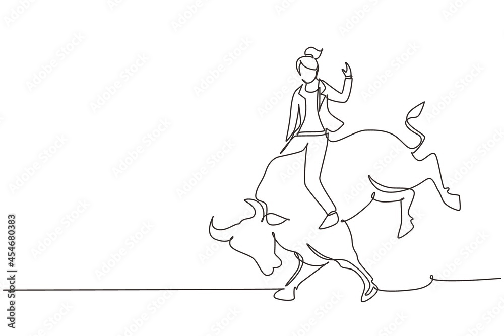 Fototapeta premium Single one line drawing businesswoman riding rodeo bull. Investment, bullish stock market trading, rising bonds trend. Successful business woman. Continuous line design graphic vector illustration